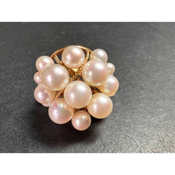 Vintage 14K Gold Cluster Pearl Cocktail Ring – Mid Century Dome Design- size 6 - Picture 14 of 16